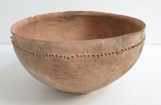 BRONZE AGE POTTERY BOWL with incised finger decorated border, possibly Jordanian, 28cm diameter