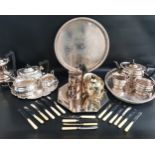 SELECTION OF SILVER PLATE including an oval pierced gallery tray, hexagonal tray, circular tray, tea