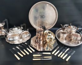 SELECTION OF SILVER PLATE including an oval pierced gallery tray, hexagonal tray, circular tray, tea