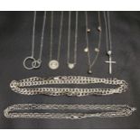 SELECTION OF SILVER NECKLACES including chains, an interlocking circle necklace, a pave heart