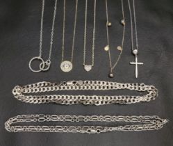 SELECTION OF SILVER NECKLACES including chains, an interlocking circle necklace, a pave heart