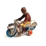 FAIRYLITE TINPLATE CLOCKWORK MOTORBIKE AND RIDER the wheels marked Fairylite 905x135, 10.5cm long