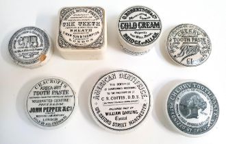 FOUR VICTORIAN TOOTHPASTE POT LIDS depicting American Dentifrice, Areca Nut and two Cherry