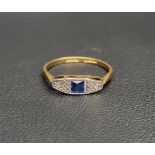 ART DECO SAPPHIRE AND DIAMOND RING the central square cut sapphire flanked by a small diamond to
