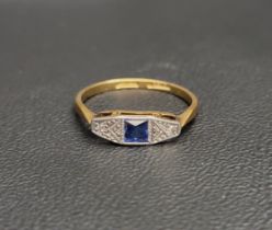 ART DECO SAPPHIRE AND DIAMOND RING the central square cut sapphire flanked by a small diamond to