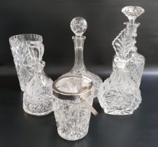 SELECTION OF CUT GLASS DECANTERS comprising a ship's decanter and stopper, wine decanter and