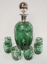 ARGENTO SILVER OVERLAY DECANTER and stopper in green and decorated with vines, together with six