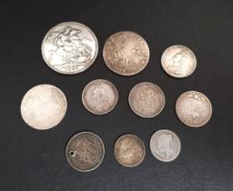 SELECTION OF BRITISH PRE-1919 SILVER COINS including an 1889 crown, an 1887 Shilling, etc. total