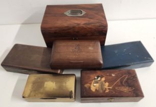 SELECTION OF BOXES comprising a teak cigarette box with the crest of the Royal Army Pay Corps,