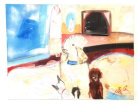 SACHA JAFRI Holding Court-Cats and Dogs, oil on canvas, signed and dated '01, signed and dated to