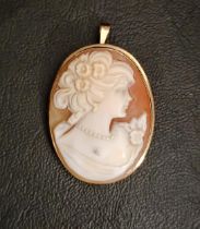 CARVED CAMEO BROOCH depicting a female bust in profile, in nine carat gold mount with chain loop,