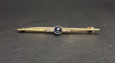 SAPPHIRE AND DIAMOND SET BAR BROOCH the central round cabochon sapphire flanked by two diamonds to