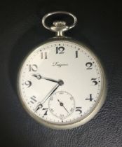 LONGINES POCKET WATCH the white enamel dial with Arabic numerals and subsidiary seconds dial, the