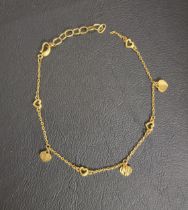 PRETTY UNMARKED HIGH CARAT GOLD BRACELET the broken chain interspersed with pierced hearts and heart