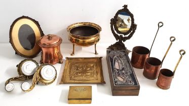 SELECTION OF METALWARE comprising a copper tea caddy and caddy spoon marked 'DP', brass stamp box,