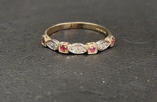 RUBY AND DIAMOND HALF ETERNITY RING with alternating rubies in square settings and double diamonds