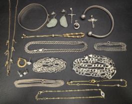 SELECTION OF SILVER JEWELLERY including sea glass drop earrings, cross pendants, a cuff bracelet,