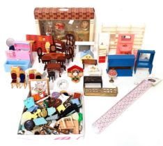 SELECTION OF DOLLS HOUSE FURNITURE including tables and chairs, longcase clock, piano, cupboards,