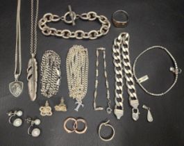 SELECTION OF SILVER JEWELLERY including neck chains, stud earrings, pendants on chains, nine carat