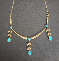 EARLY 20th CENTURY TURQUOISE AND SEED PEARL NECKLACE the frontispiece with three turquoise and