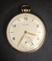 BAUME NINE CARAT GOLD CASED POCKET WATCH the dial with alternating Arabic numerals and five minute