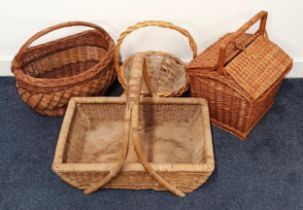 SELECTION OF WICKER BASKETS comprising a shopping basket, trug, circular flower basket and a