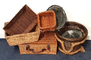 WICKER PICNIC BASKET with strap closure and carry handle, two circular wicker hanging baskets,