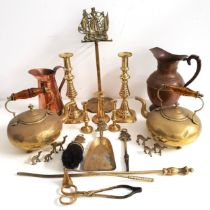 MIXED LOT OF METAL WARE including two copper ewers, two brass toddy kettles, two pairs of brass