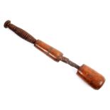 Victorian yew-wood cosh. A hinged club, the two sections with nickel steel ferrules at the leather