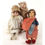 An Armand Marseille bisque head doll, sleeping blue eyes, open mouth with four top teeth showing,