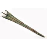 Luristan bronze swallowtail short-sword Cyprus, the tapered, ribbed blade with curved extensions