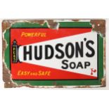 Hudson's Soap enamel sign, red, green, white and black. "PE&S - Powerful - Easy and Safe - Hudson'