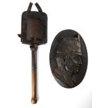 Great War 1914-18 German entrenching tool in leather holder; and a cast iron, oval plaque with