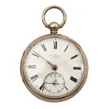 A Victorian Irish open-face pocket watch by Donegan, Dame Street. A silver cased, fusee pocket watch