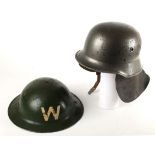 WWII British Air Raid Warden Brodie helmet, painted green with white 'W', with liner and chin strap,