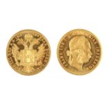 Coin. Austrian Franz Joseph one Ducat gold coin dated 1914, laureate portrait reverse, arms within