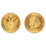 Coin. Austrian Franz Joseph one Ducat gold coin dated 1915, laureate portrait reverse, arms within