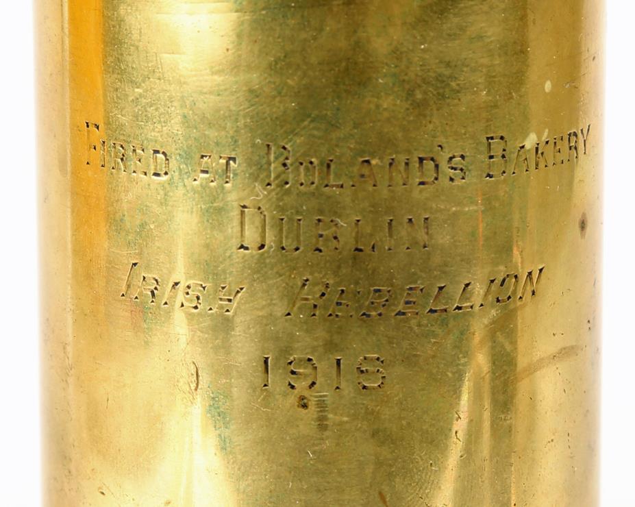 Easter Rising 1916. A brass artillery shell case engraved "Fired at Boland's Bakers - Dublin - Irish - Image 2 of 2