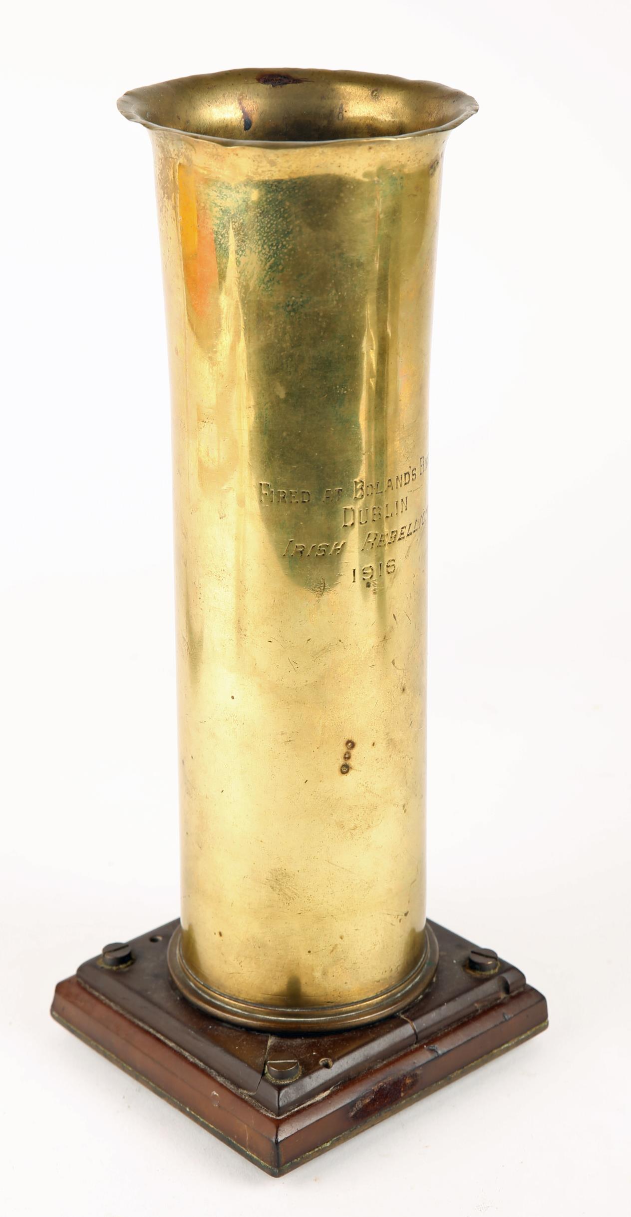 Easter Rising 1916. A brass artillery shell case engraved "Fired at Boland's Bakers - Dublin - Irish