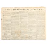 1798 Rebellion: newspaper carrying news of the rebellion, Aris's Birmingham Gazette, July 2, 1798.