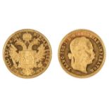 Coin. Austrian Franz Joseph one Ducat gold coin, 1887, laureate portrait reverse, arms within double