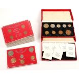 1950 two specimen coin sets comprising, nine coins from half-crown to farthings, in red Royal Mint