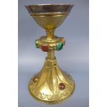 19th/20thC silver plated and brass chalice inset with red hardstones and malachite - height 22.5cms