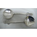 Archibald Knox for Liberty & Co - pair of silver serving spoons with mushroom decoration to tops,