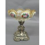 Late 19thC Continental overlay glass and chased silver comport with floral and gilt decoration.