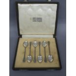 Omar Ramsden set of six silver coffee spoons with back and front Rose decoration to top, entwined