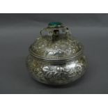 Omar Ramsden & Alwyn C.E. Carr - Good chased silver circular box with blue green enamel finial, five