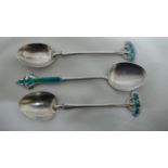 Archibald Knox for Liberty & Co - silver and blue green enamel coffee spoons with flower