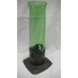 Archibald Knox for Liberty & Co. Tudric Pewter and green glass vase with stylized leaf decoration,