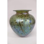 Good 20thC green/blue iridescent glass vase with wide lip, having speckled decoration - height 20cms